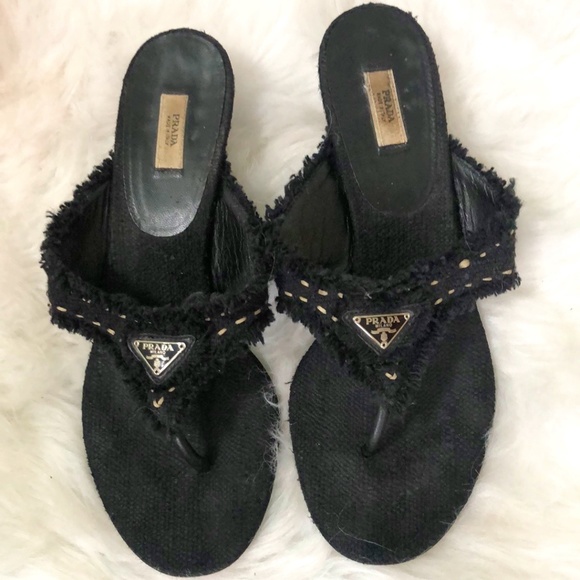 Prada Black T-Strap Fringe Kitten Heel Sandals Size 37.5 W/ COA - Picture 1 of 12